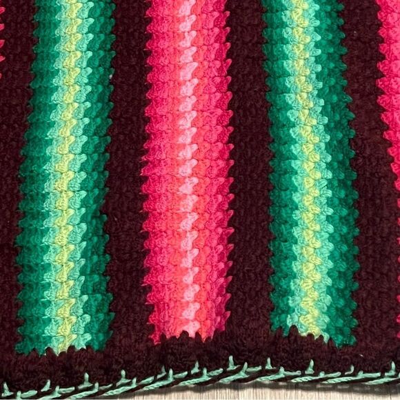 70s Crochet Dopamine Psychedelic VTG 60s Pink Green Stripe Granny Afghan Blanket - Picture 2 of 7